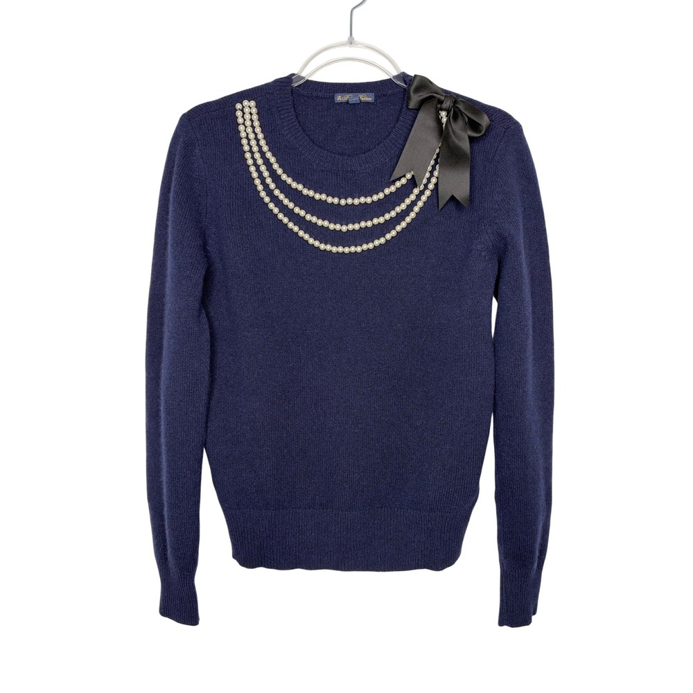 Brooks Brothers Sweater Faux Pearl Bow Blue M Merino Wool Cashmere Blend